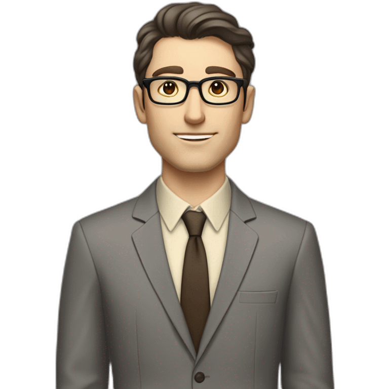 Full height Pale skinned Fit Man With dark brown hair in classic gray suit, beige office shirt, dark gray tie, and vintage glasses. Thrumbs of his palms directed up emoji