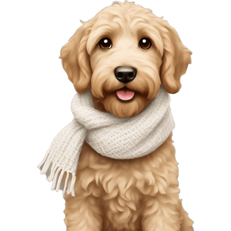 Puppy tan labradoodle wearing white knit scarf emoji