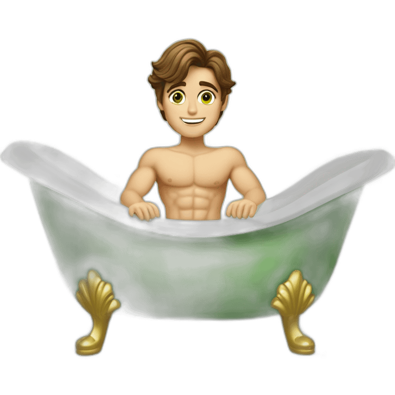 Posh-muscle-boy-brown-hair-green-eyes-pearl-necklace-in-golden-bathtub-legs emoji