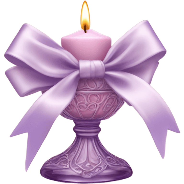 A soft pink candle in an ornate lavender glass holder, tied with a delicate satin bow. emoji