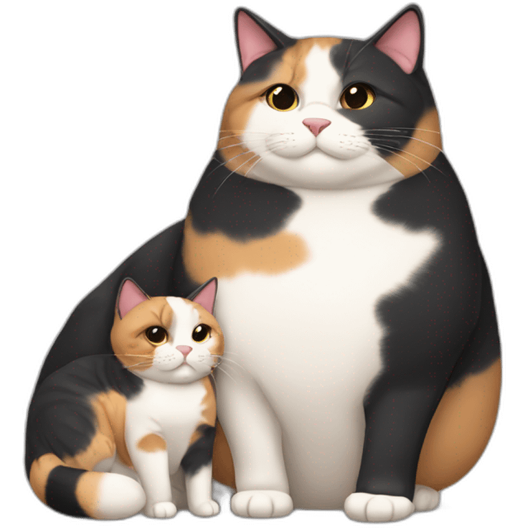 obese calico cat with double chin cuddling with black male cat emoji