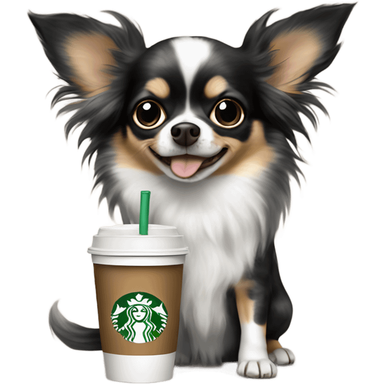 Fluffy spotted black Merle long hair chihuahua drinking Starbucks  emoji