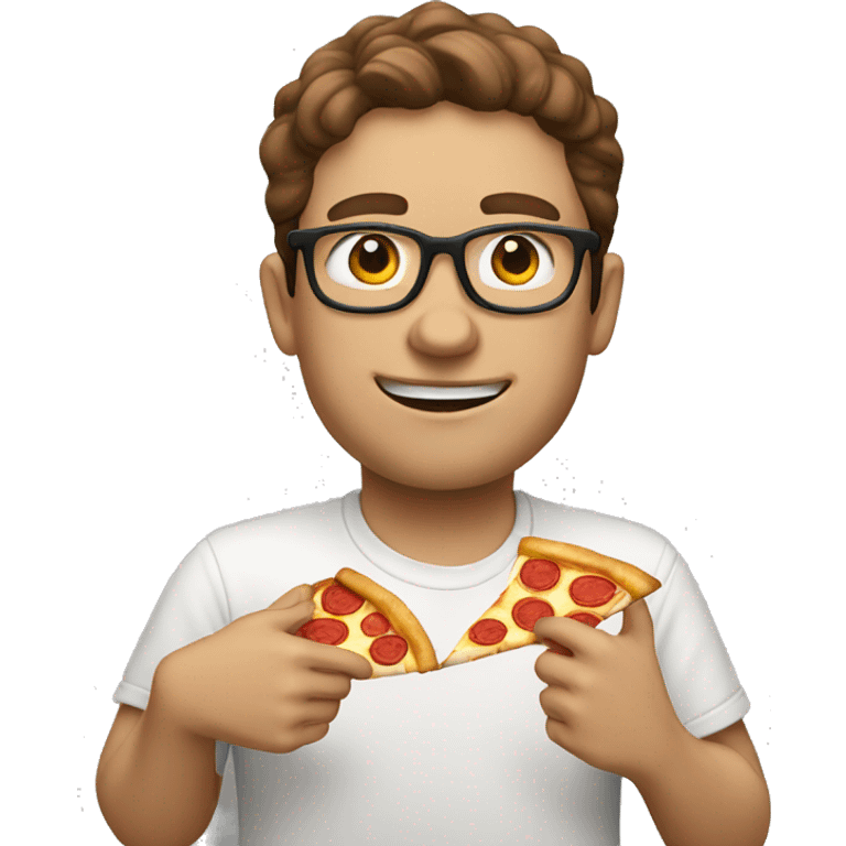 White nerd with brown hair eating pizza emoji