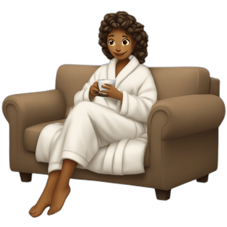 Woman on couch in bathrobe and slippers curling up clutching a coffee emoji