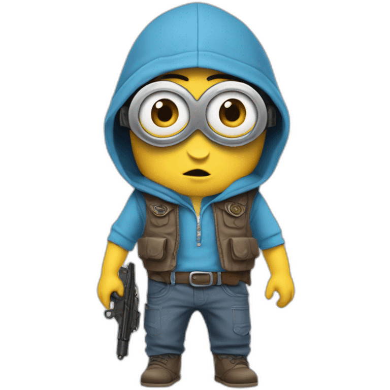 baby minion  in gray pants in a blue sleeveless shirt in a hood and with a collar with two pistols in both hands holds them on both sides raised emoji