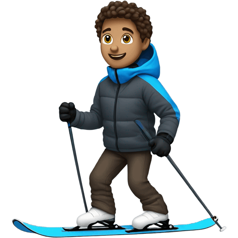 1 white Boy with wavy brown hair skiing with blue skis. He is wearing all black snow pants and a gray jacket   emoji