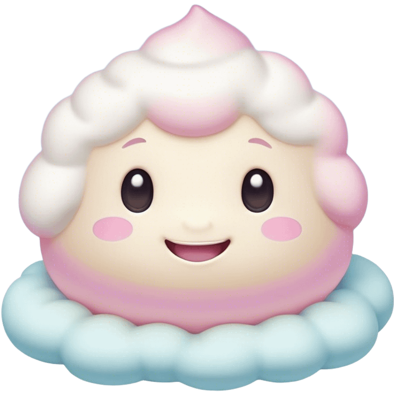 Cinematic fluffy pastel marshmallow character, soft round edges, tiny sparkly eyes, a small happy smile, glowing warmly, floating in a dreamy soft sky. emoji