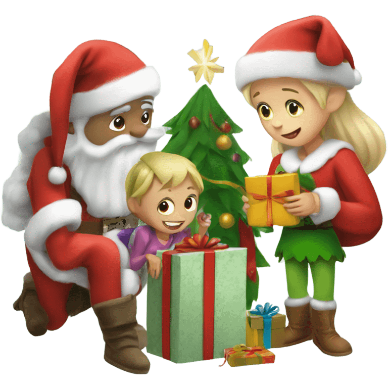 Small child opening christmas presents with santa and an elf emoji