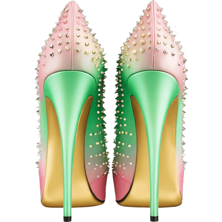 Hyper Realistic top front view of a pair of pastel pink,pastel green,and pastel yellow ombre gold studded pointed toe stiletto shoes.  emoji