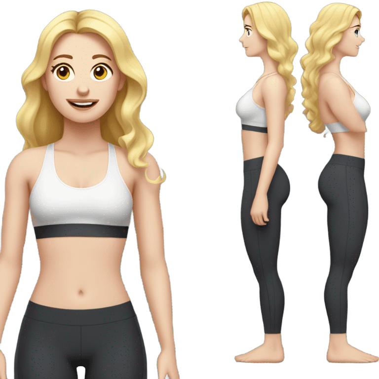 Woman, white skin, pale skin, long hair, blonde hair, wavy hair, standing, sports bra, leggings, measuring tape around waste emoji