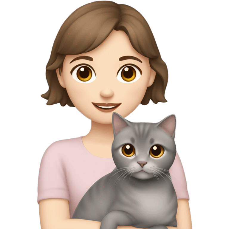 A girl with short brown hair and pale skin holds a grey scottish fold cat emoji