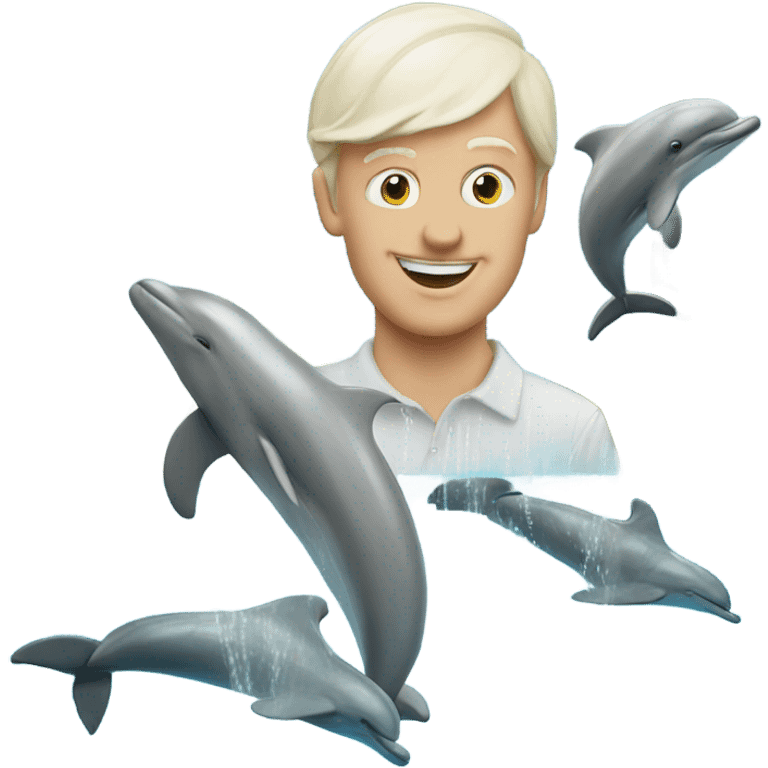 White man diving in fountain with dolphins emoji