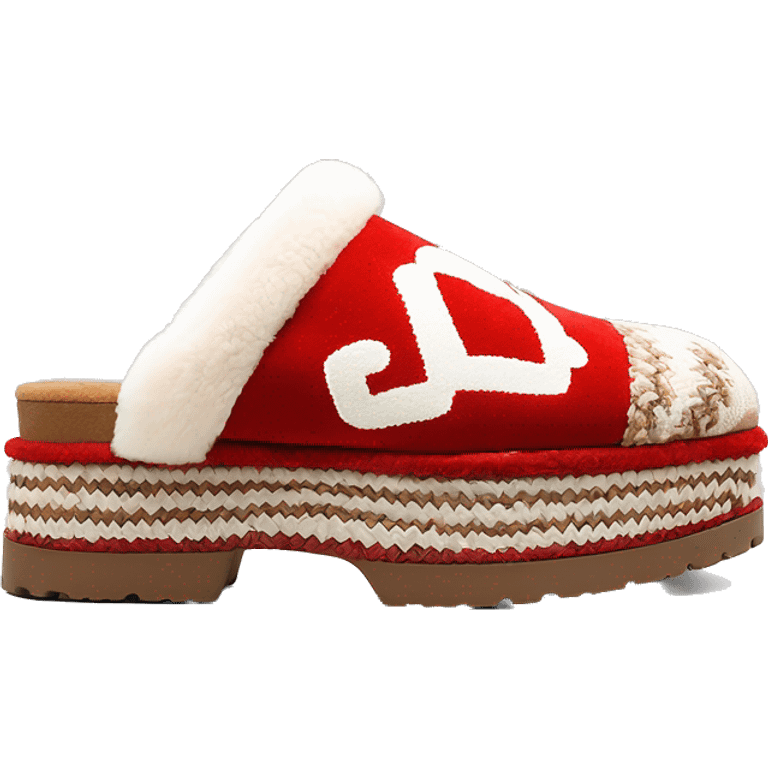 Camel color chunky platform slip-on mule UGG slippers. thin red and white woven zig-zag trim line detail on the opening emoji