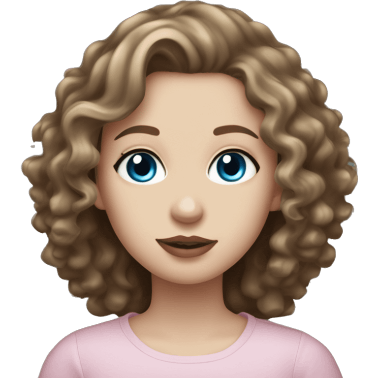 Girl with diamond blue eyes, pale skin, curly long length brown hair in a long sleeve black shirt and light pink plump lips, zoomed out to chest.  emoji