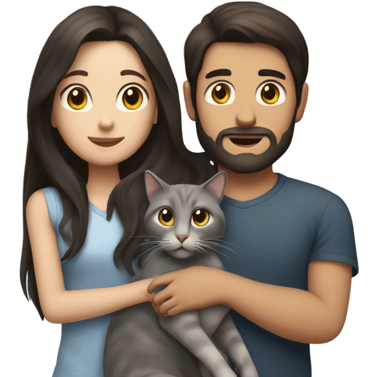 man with very long dark hair and brunette girl with grey cat in her arms emoji