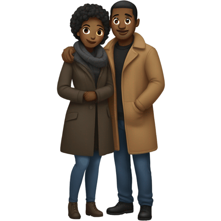 A black couple holding standing and cuddling while wearing coats  emoji