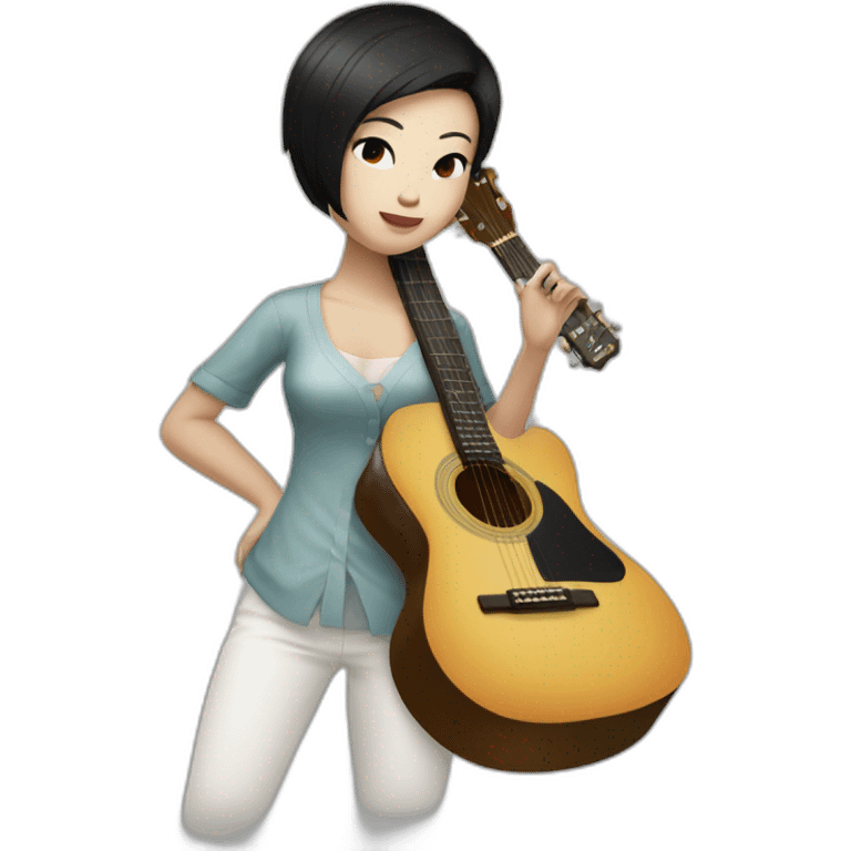 wthite skin woman with black short hair and chinese eyes playing a guitar emoji