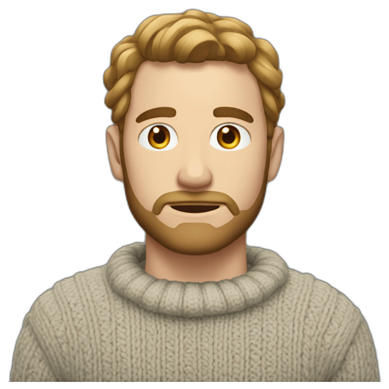 White man with a short beard and tied up shoulder length hair, wearing a necked wool sweater emoji