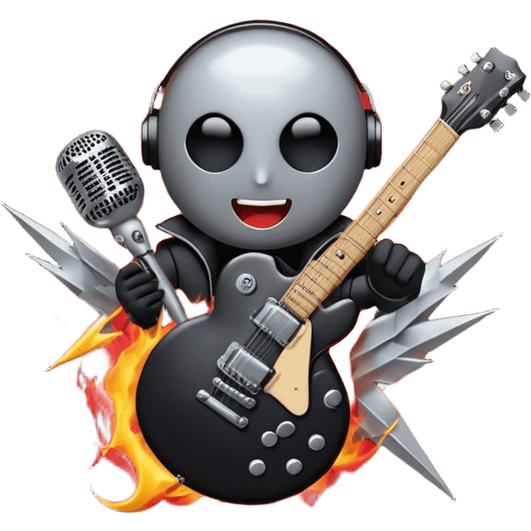 Create a bold and dynamic emoji representing rock vocal performance in a humanless collage. The design should feature a vintage microphone at the center, surrounded by key rock elements like an electric guitar, drumsticks, and a guitar pick. Include symbols of energy, such as lightning bolts or flames, and subtle musical notes or sound waves to evoke the raw power of rock vocals. Use dark, bold colors like black, silver, and red, with hints of chrome or metallic accents to convey the edgy, rebellious spirit of rock music. The background should be transparent. emoji