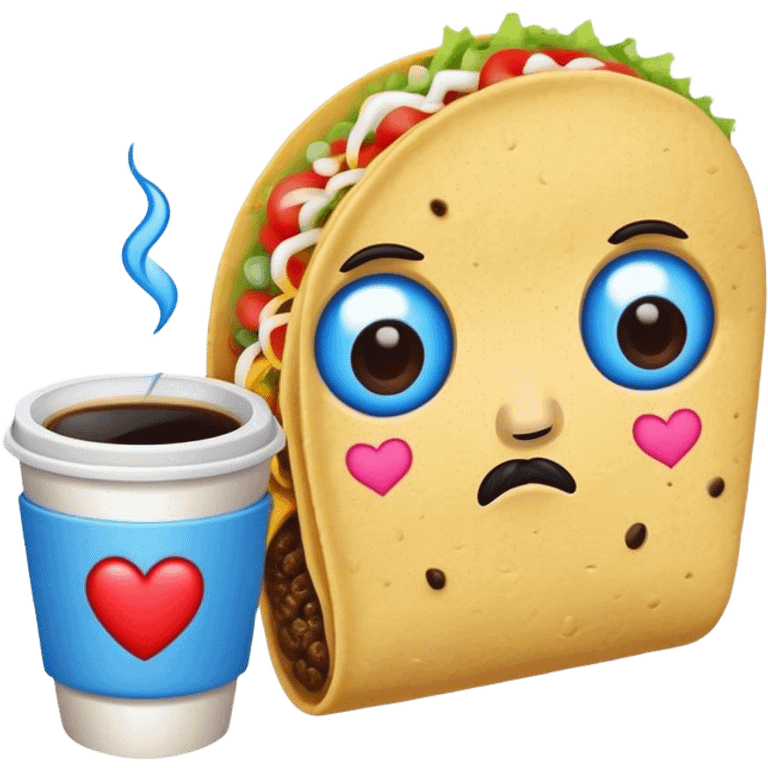 a taco with blue heart and sad face holding an coff emoji