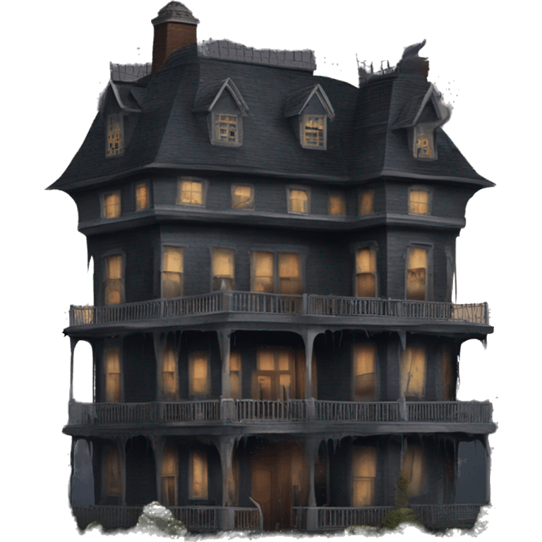 Dark dilapidated 8 story Haunted Addams manor hotel with attached garage  emoji