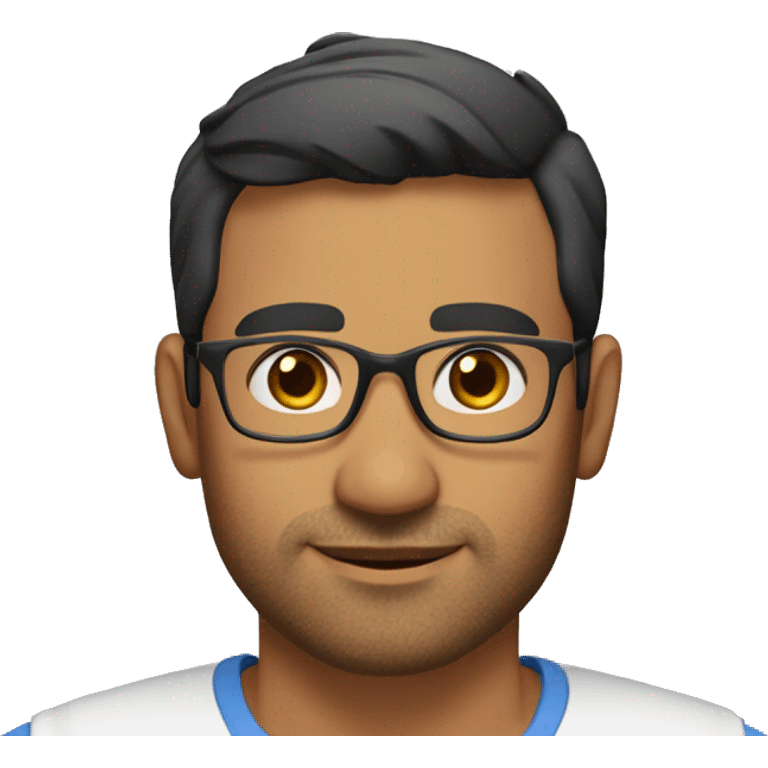 A head and shoulders shot of a 36 year old South Asian man, with short black hair, with stubble facial hair,  wearing glasses with brown eyes wearing a t-shirt. emoji