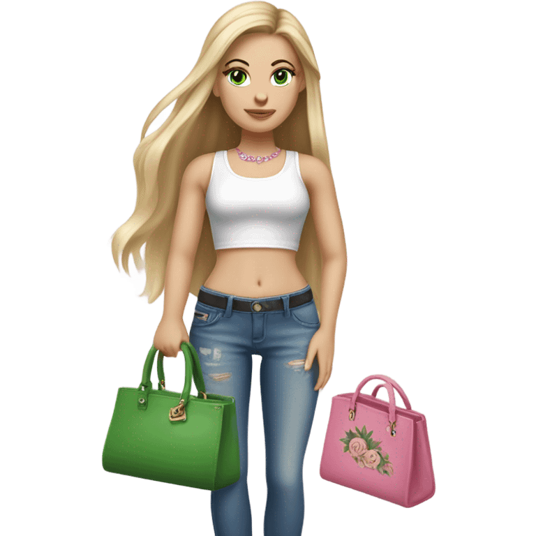 Realistic White girl with Long straight blonde hair, green eyes, tattoos, full body wearing white crop top and jeans, holding pink handbag emoji