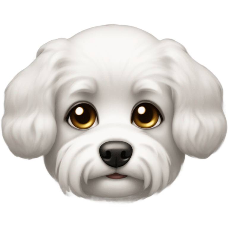 Slightly fluffy Small dog face with white muzzle, black fur around eyes and connects to floppy short ears, black nose, and a curious, sweet expression. emoji