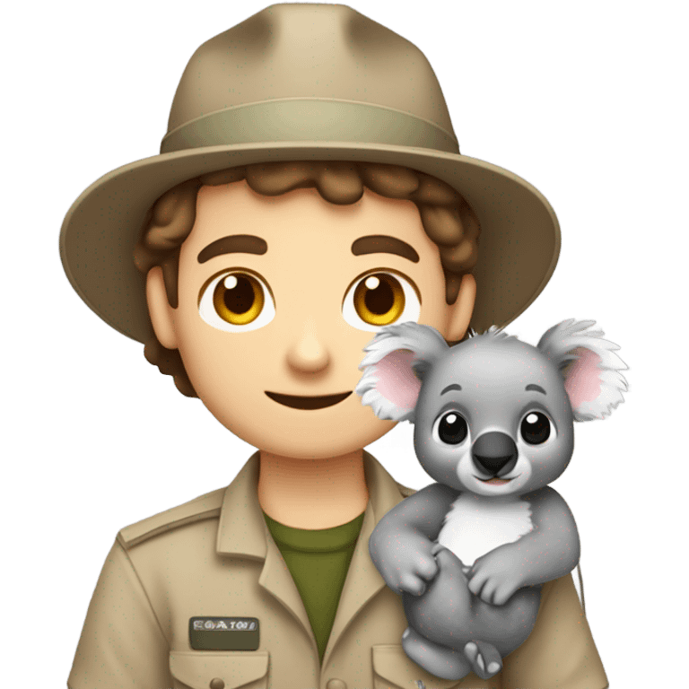 Caucasian brown hair male zookeeper holding cute koala emoji