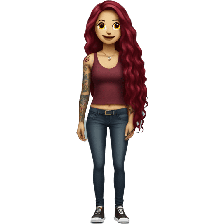 Beautiful tattooed burgundy long haired woman standing next to a car emoji