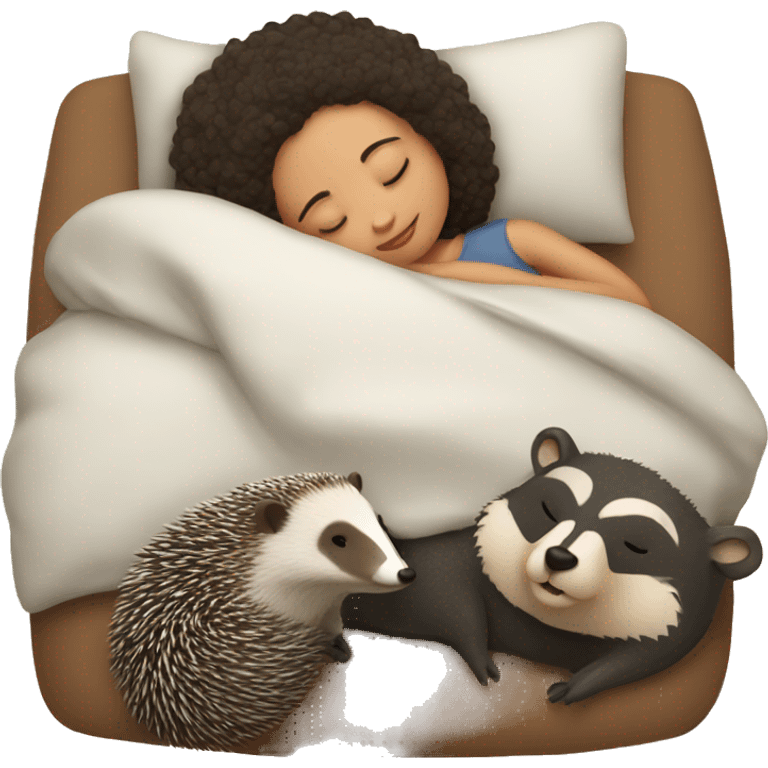 Girl sleeping with an hedgehog and badger emoji