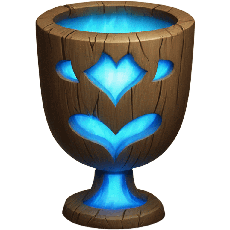 A magical goblet, large and imposing, made of aged wood with a smooth surface. It emits a bright blue glow, with magical flames dancing inside, symbolizing its power and mystery. emoji