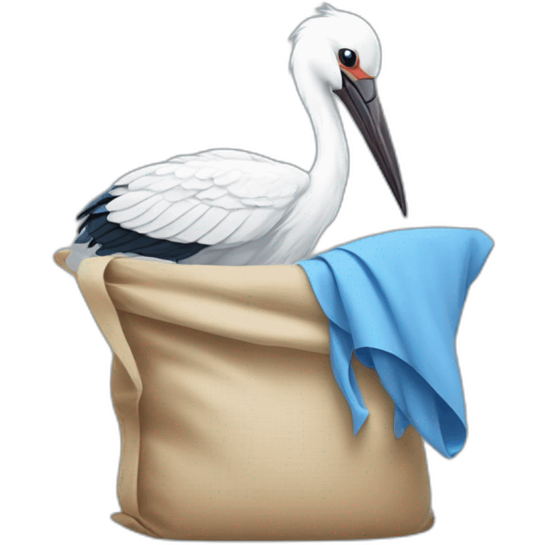 White stork carrying a blue bundle of cloth in its beak that has a human person cute baby human and the human baby head is peeking from the fabric bundle the strok is carrying in its beak emoji