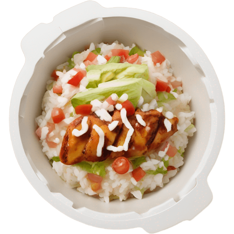 Chipotle bowl with chicken white rice cheese pico queso and lettuce in the white cardboard oval shaped bowl emoji