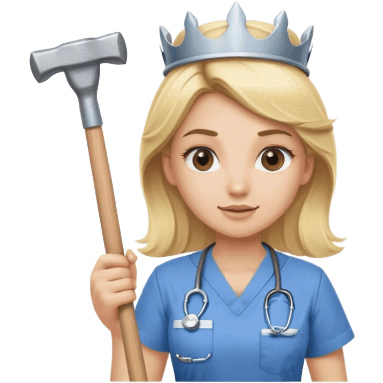 blond nurse girl wearing scrubs with a crown and a sledge hammer emoji