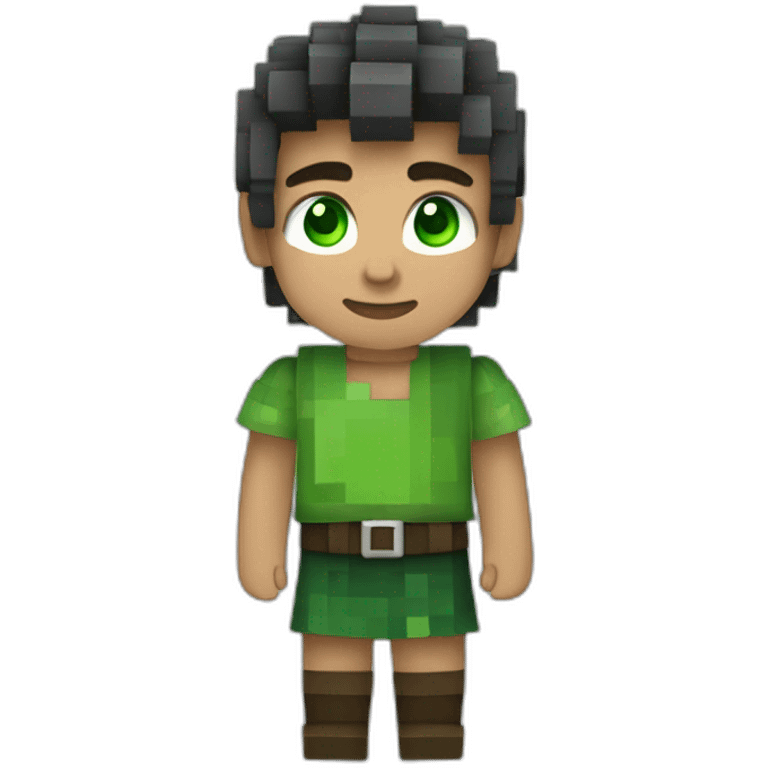 niño con pelo castaño, corto y de punta, vestido al estilo mincraft. con ojos verdes  emoji