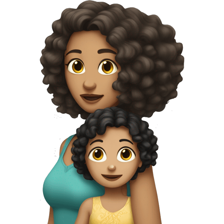 Caucasian woman with straight Brunette hair holding a caucasian girl toddler with curly black hair emoji