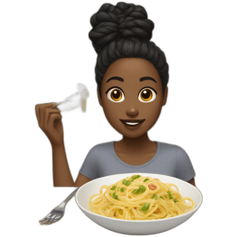 A black girl, black hair in a bun  eat pasta carbonara emoji