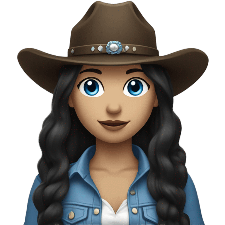 Long Flowing hair, Blue eyes cowgirl, pale skin, black hair, black cowgirl hat emoji