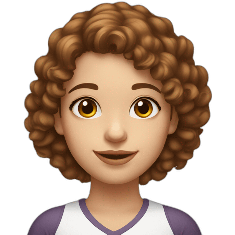 A 27 year old woman with brown shoulder length curlyish hair, hazel eyes, button nose & white skin with rosey cheeks & cleft on chin emoji