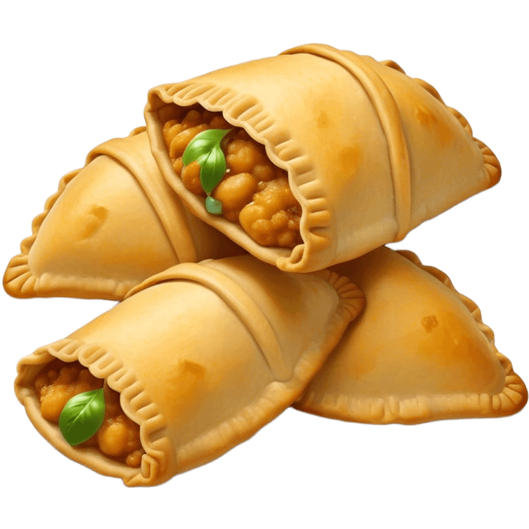 Empanadas Cinematic Realistic Empanadas Dish Emoji, depicted as crispy, golden empanadas made with cornmeal and filled with savory ingredients, rendered with rich textures and vibrant, appetizing lighting. emoji