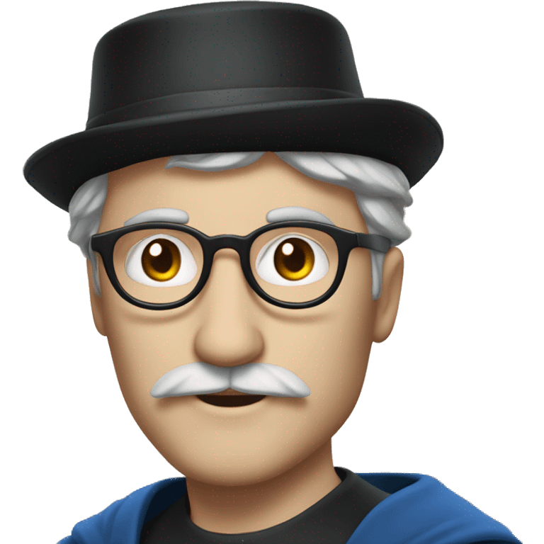 man with white skin, black longer hair, mustache, glasses, with a magic hat, ravenclaw emoji