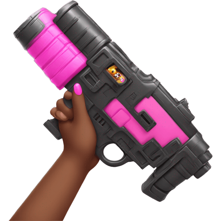 brown hand with pink nails holding large scary dark nerf gun emoji