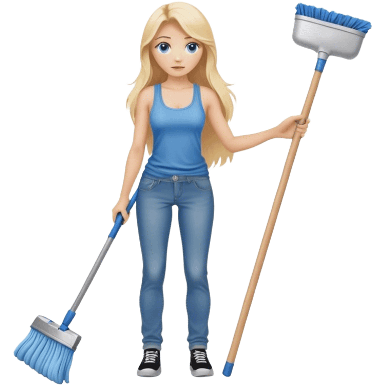 Cinematic realistic blonde with long hair and blue eyes, dressed in jeans and a tank top, holding a mop in her hands emoji