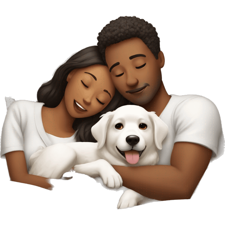 A couple laying in bed with 2 white dogs  emoji