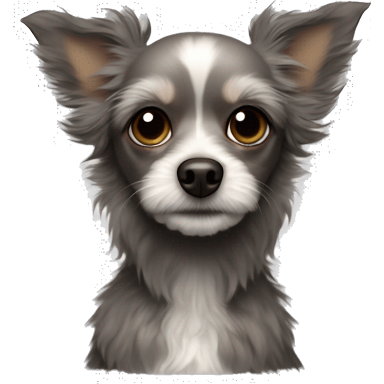 chihuahua poodle mix, small, dark, scruffy dog with large, expressive eyes and pointed ears. It has prominent ears that stand upright and a mix of gray and dark brown fur with some lighter areas around the face and chest emoji