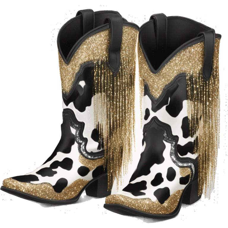 Realistic cow print pair of fashion cowgirl boots with sparkly shiny glitter fringe on them. emoji