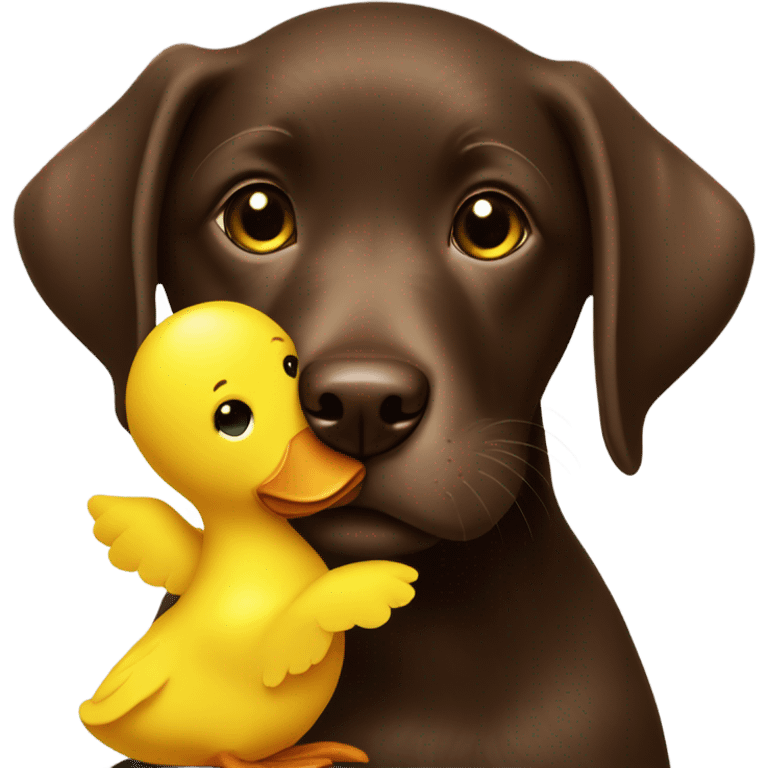 Chocolate lab puppy with big yellow duck plush toy in mouth emoji