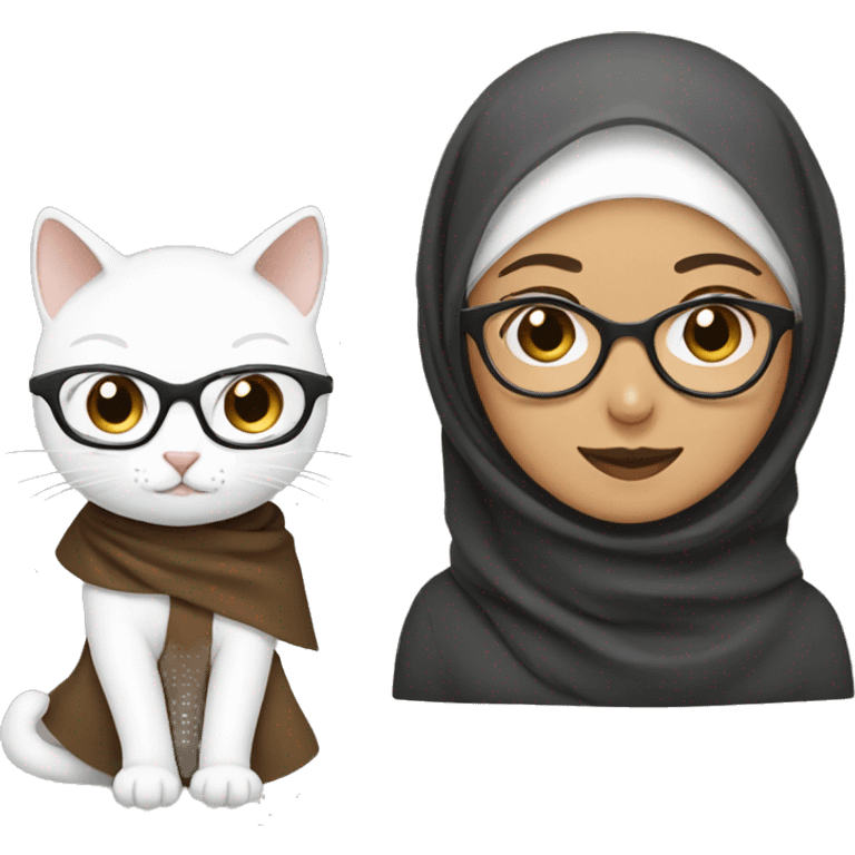 woman in brown hijab with glasses and her white cat without glasses emoji