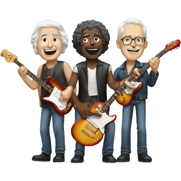 Three older white musicians jamming. one on a Gibson guitar, one on a Fender bass and one on a drum emoji